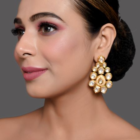 Handcrafted Mirror Stone Statement Drop Earrings with Gold Finish